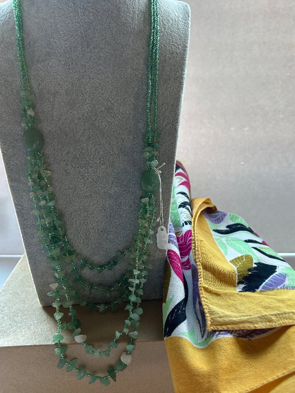 Light Green Stone Multi-Strand Long Necklace w/Seed Beads + GIFT: Cotton Scarf